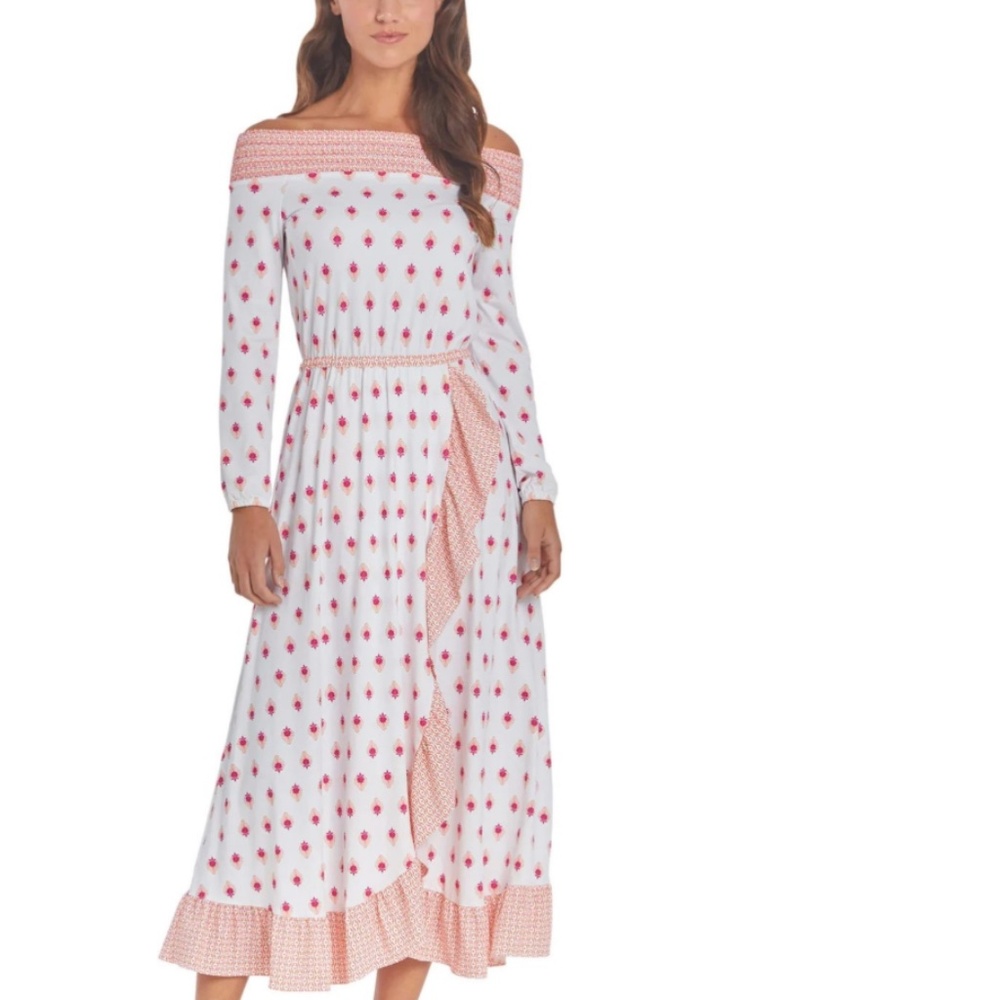 Cabana Life Coverluxe Ruffle Off the Shoulder Pink White Maxi Dress Size Small